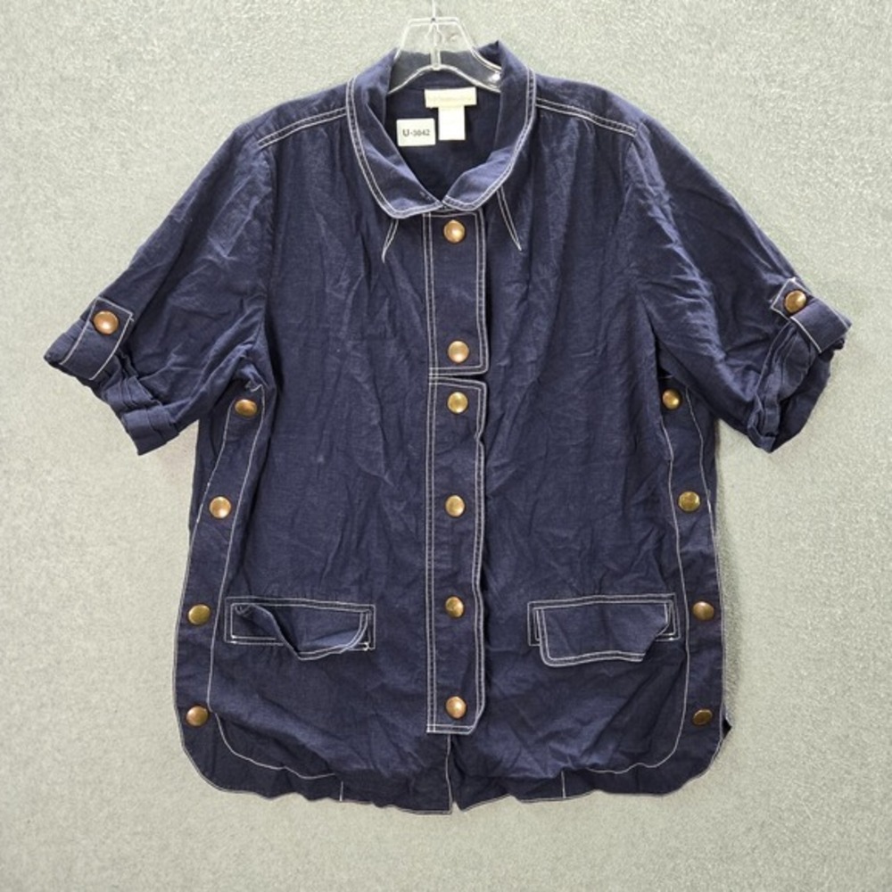 Soft Surroundings Women Top Large‎ Blue Button Front Linen Blend Short Sleeve